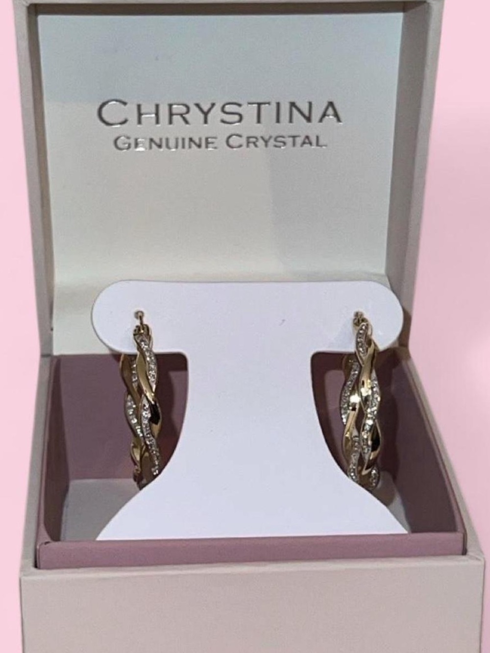 Gold-Tone Twisted Hoop Earrings with Crystals